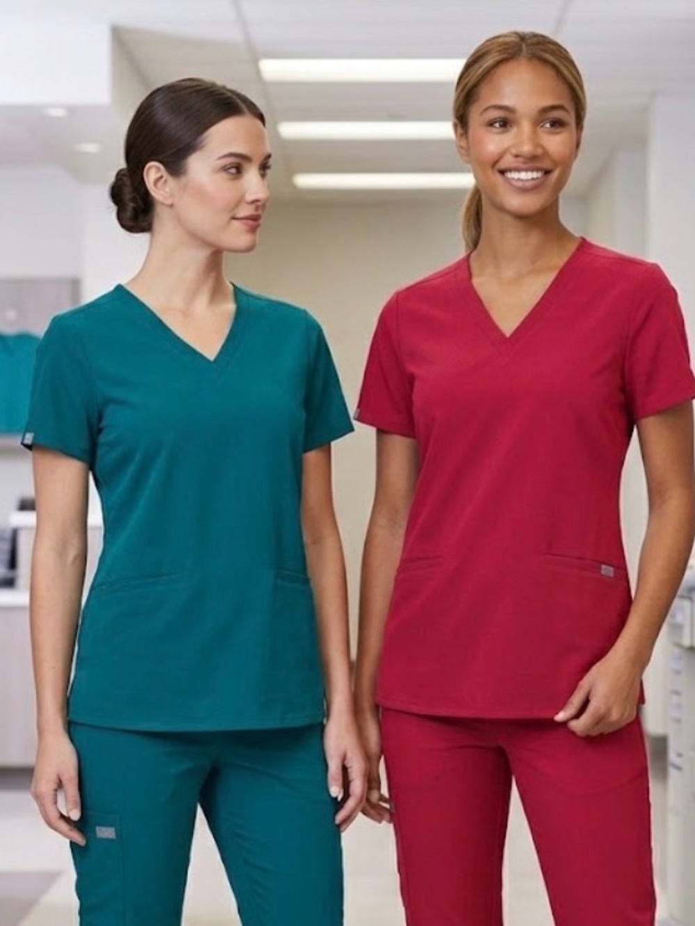 Lot of 2 Figs Women’s Short Sleeve V-Neck Scrub Tops in Red & Turquoise Size L